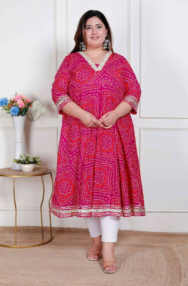 Miravan Plus Size Women'S Pink Cotton Bandhani Ethnic Anarkali Kurta | Grocsy