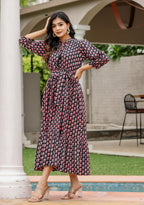 Kaajh Women's Black Bagru Print Floral Cotton Dress | Grocsy