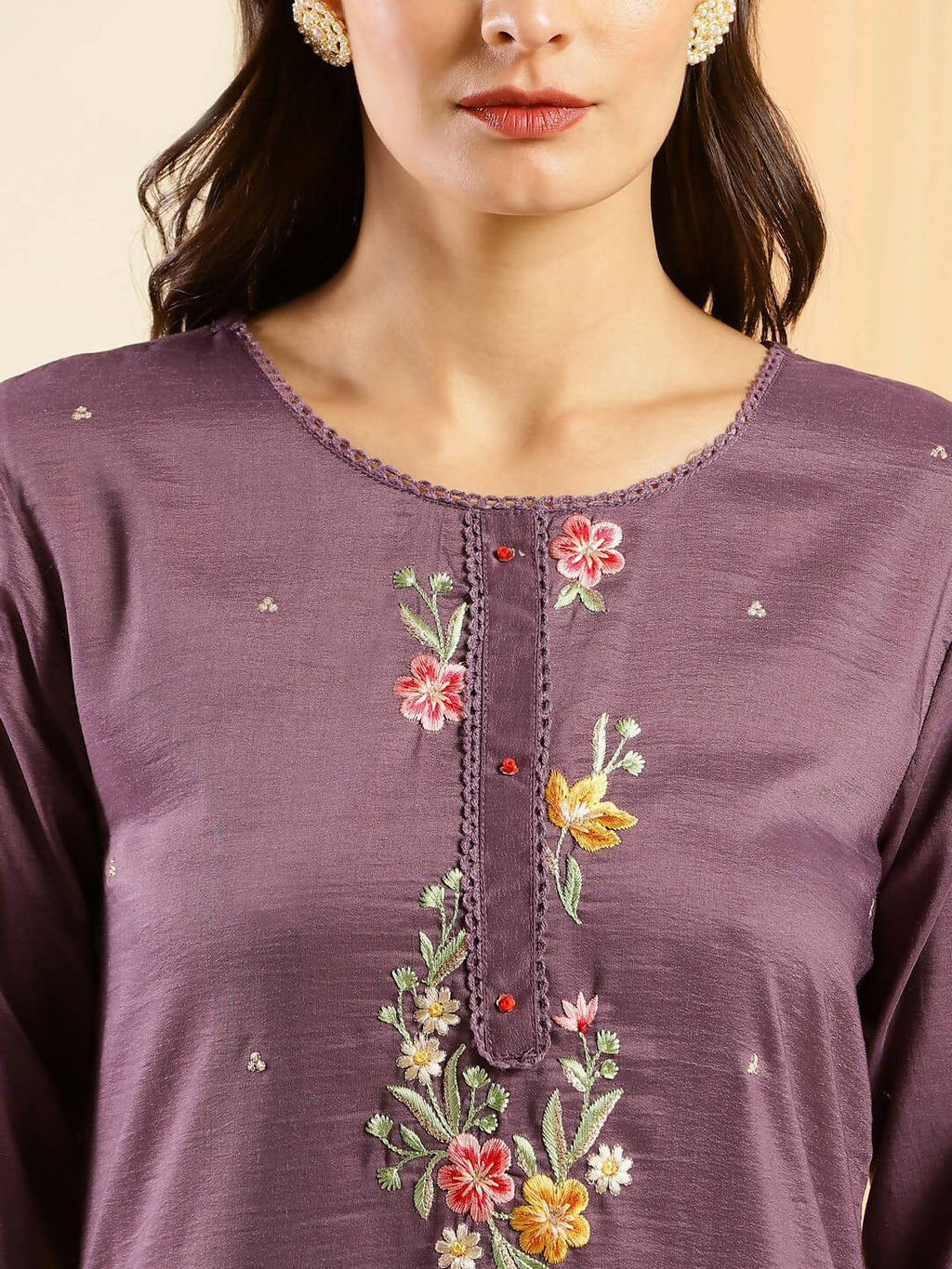 Wine Chinon Embroidered Straight Kurta with Trouser & Dupatta - Salimar | Grocsy
