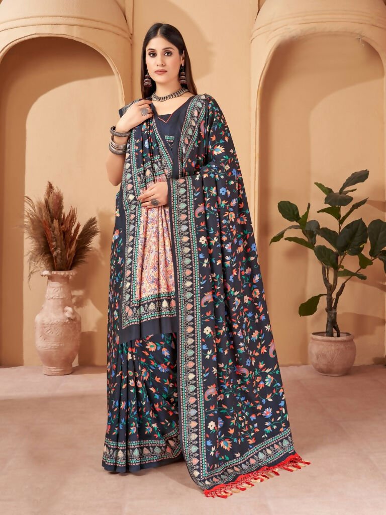 Aayaa Designer Winter Collection Printed Saree With Shawl - Multi Color | Grocsy