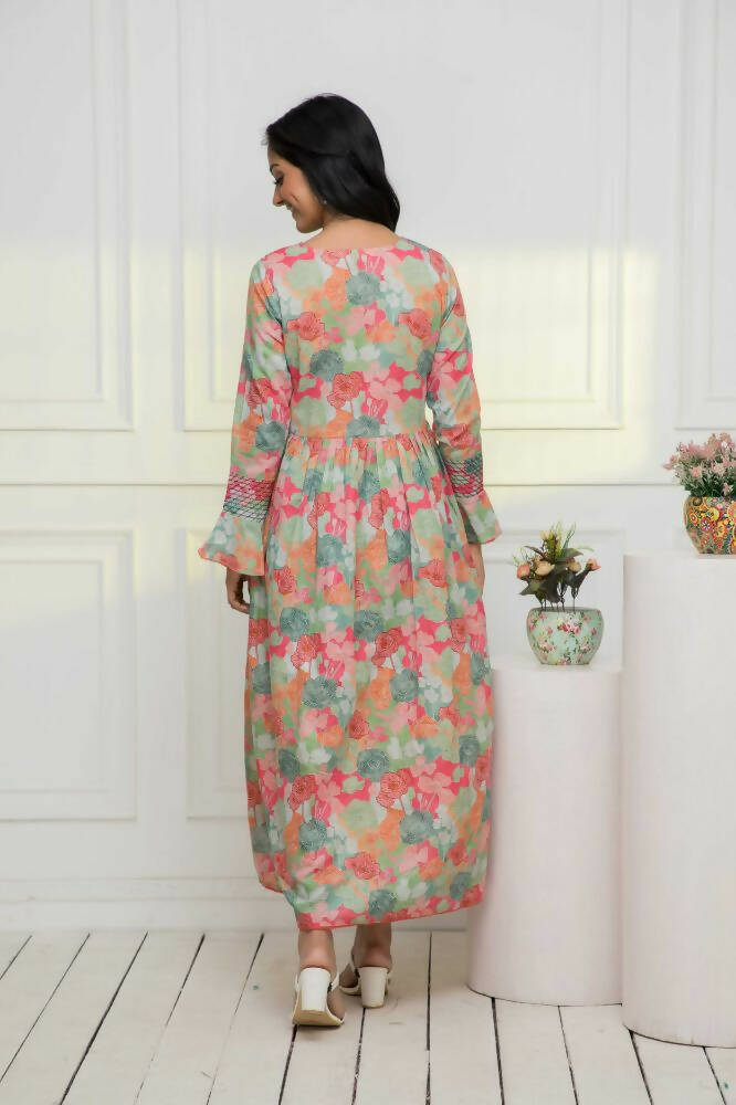 Myshka Women Multi Floral Rayon A-Line Round Neck Dress | Grocsy