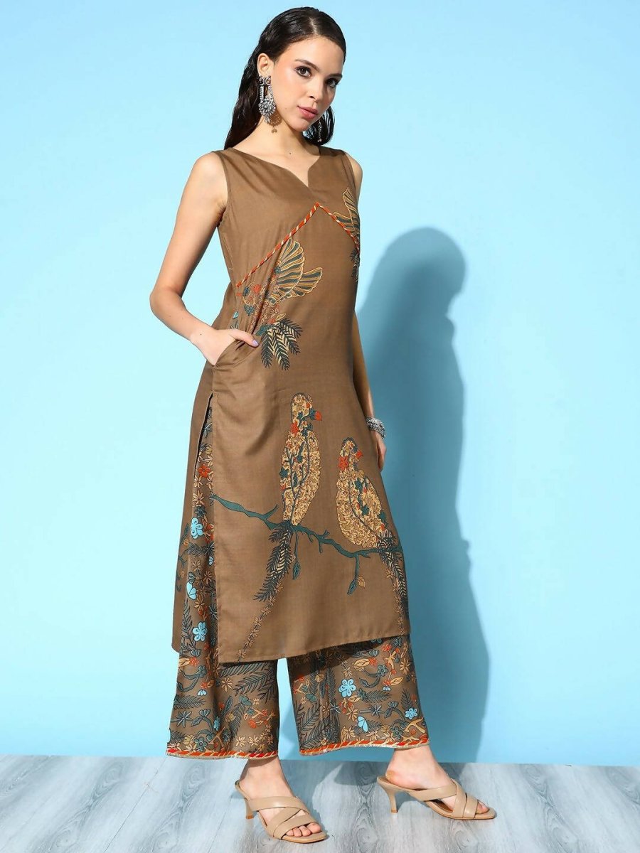 Ahalyaa Women's Brown Colour Cotton Blend Digital Printed Kurta Palazzo Set With Dupatta | Grocsy