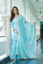 Joban Fashion Sky Blue Chinon Silk Embroidery Sequence Work Readymade Kurta Set | Grocsy
