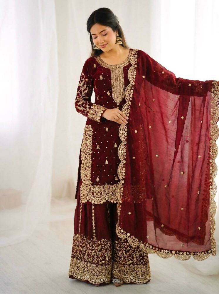 Teeya Creation Maron Color Fendy Silk Embroidery Work Wedding Wear Salwar Suit | Grocsy