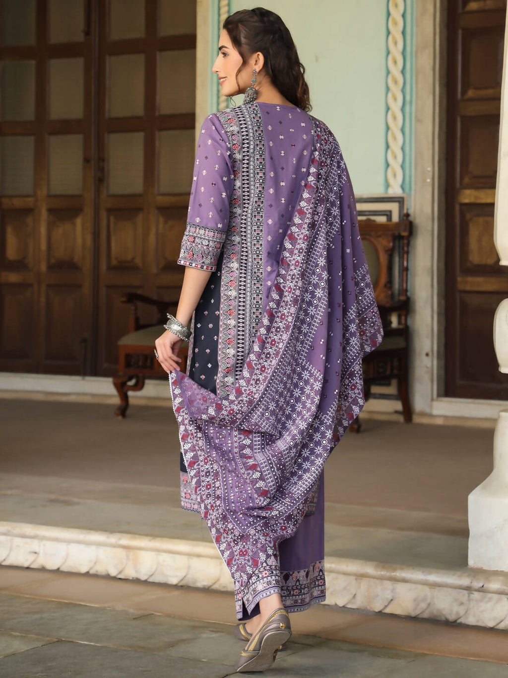 Juniper Women's Lavender Cambric Geometric Printed Mix And Match Kurta Palazzo And Dupatta Set | Grocsy