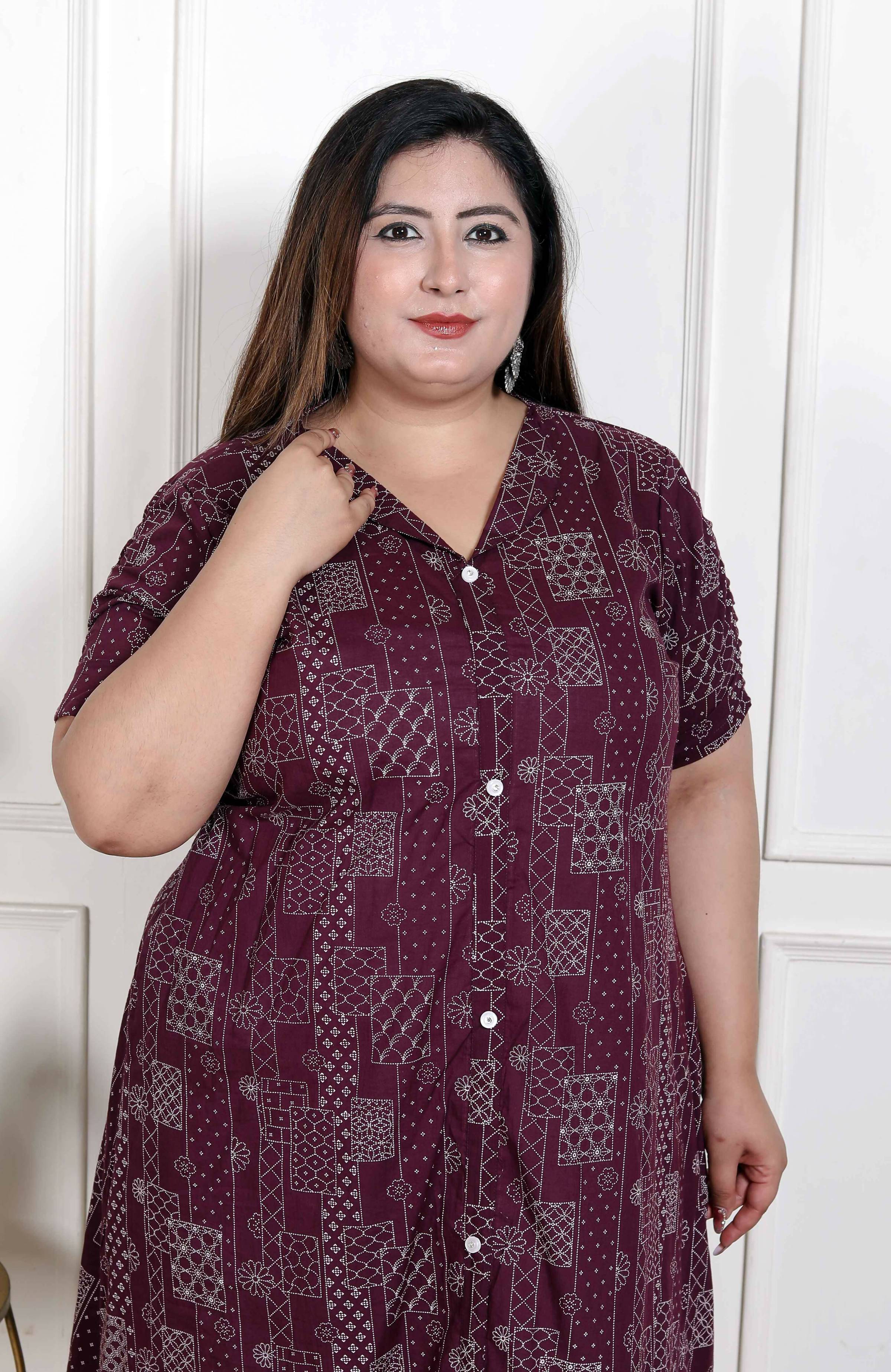 Miravan Women's Plus Size Wine Mandarin Neck Floral Printed A-Line Party wear Kurta | Grocsy