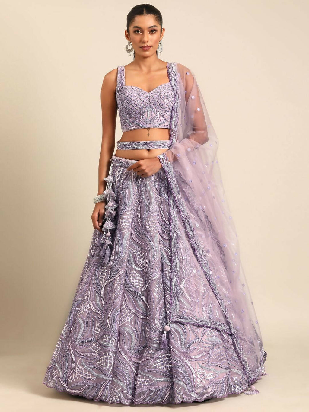 House of Panchhi Lavender Net Sequins and Zarkan embroidery Lehenga choli & Dupatta | Grocsy
