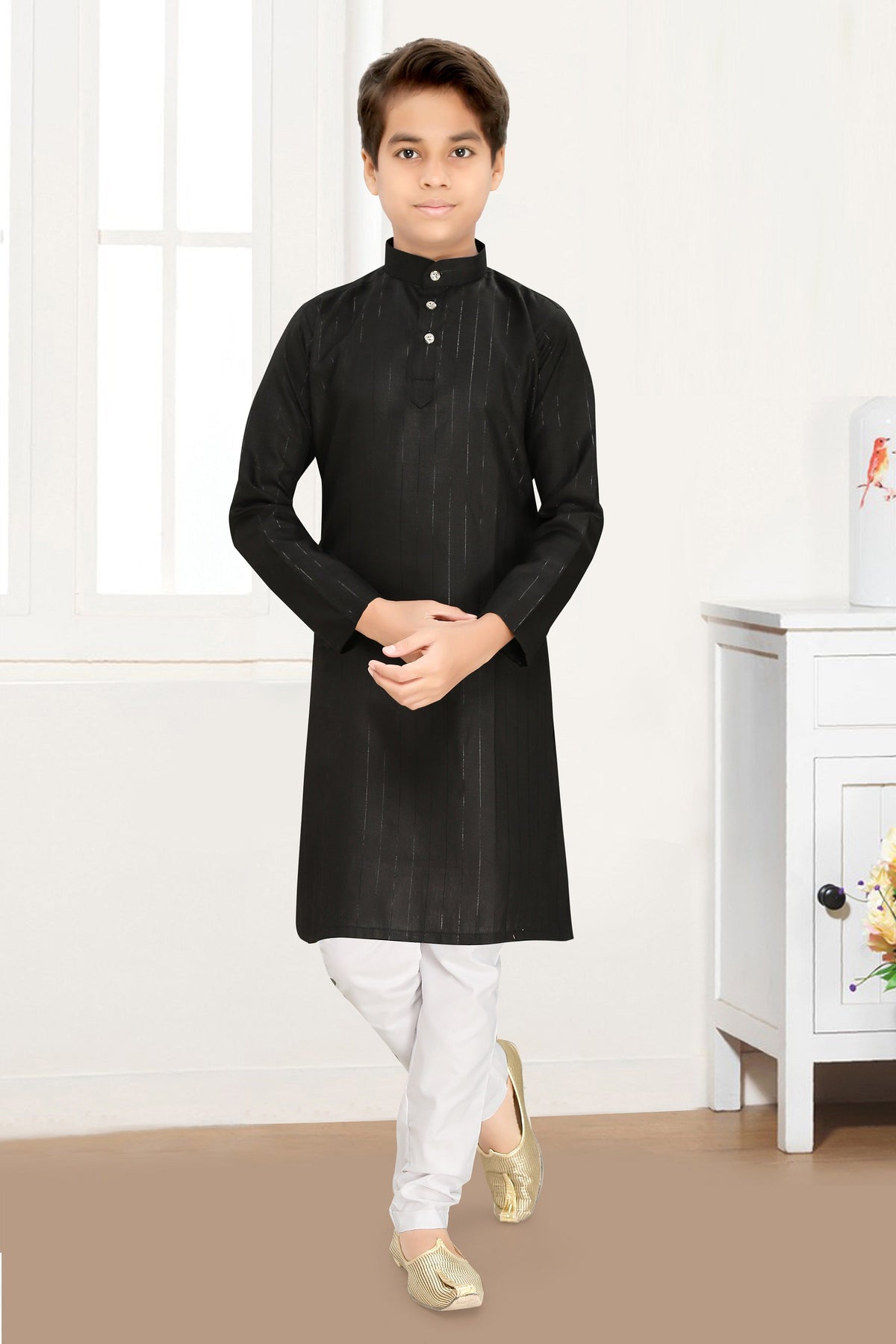 Neera Trendz Black Cotton Blend Lining Work Kid's Kurta With Pyjama | Grocsy