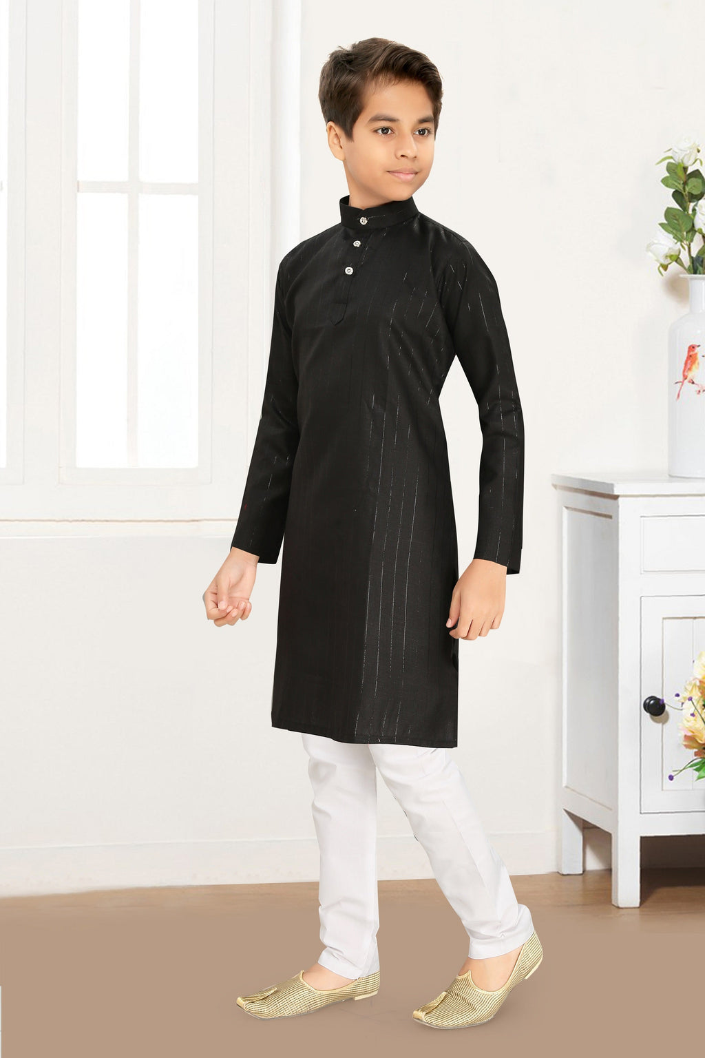 Neera Trendz Black Cotton Blend Lining Work Kid's Kurta With Pyjama | Grocsy