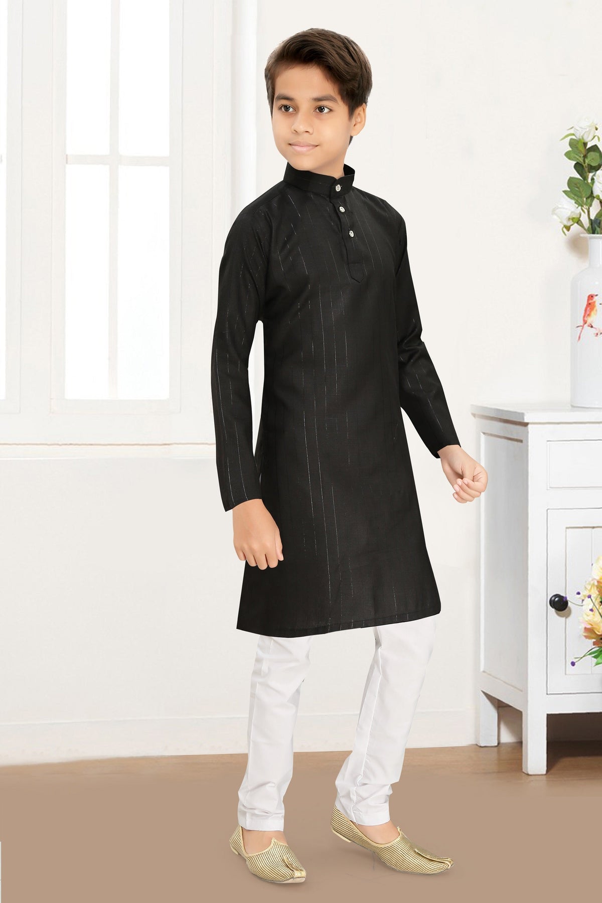 Neera Trendz Black Cotton Blend Lining Work Kid's Kurta With Pyjama | Grocsy