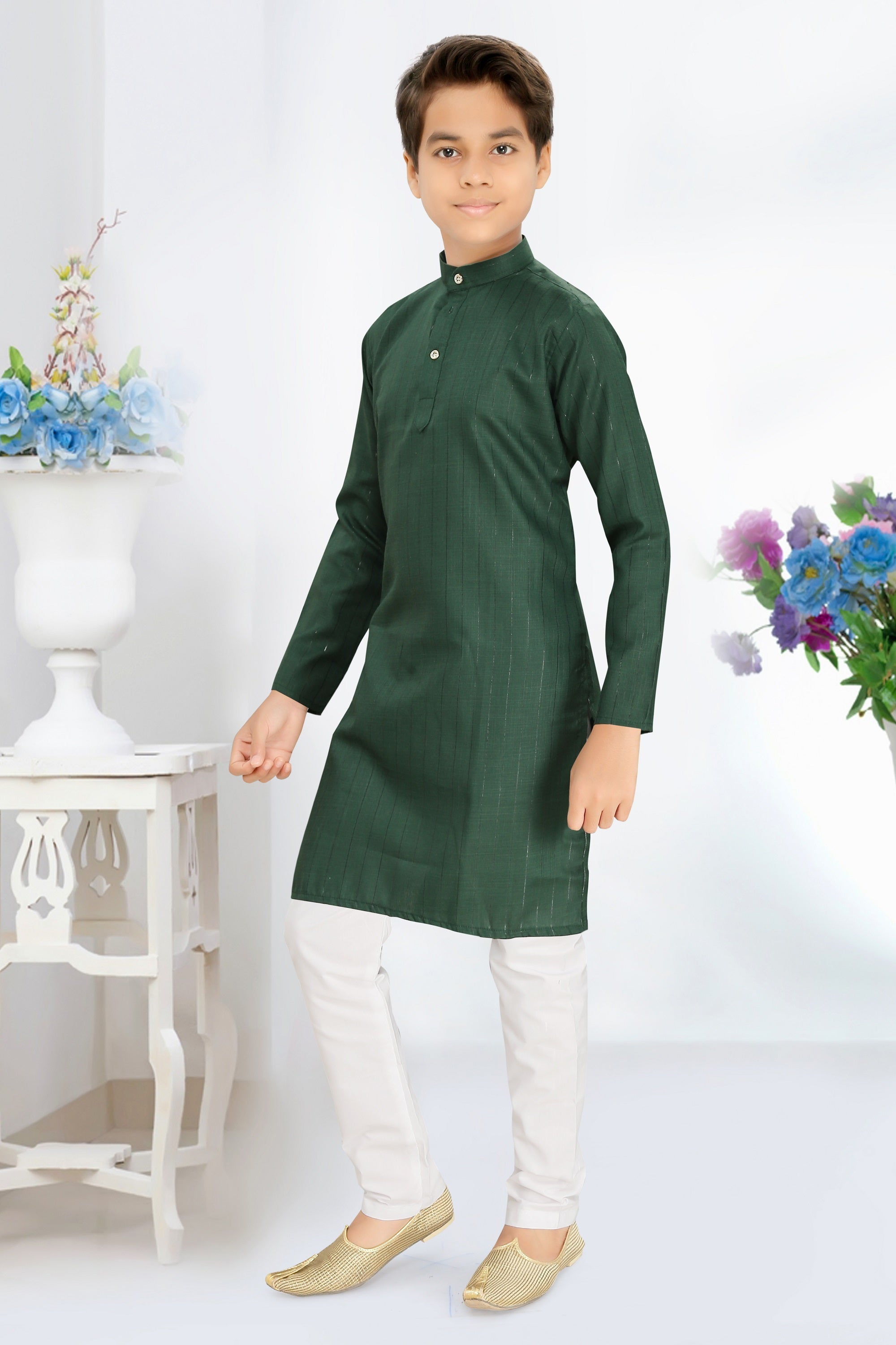 Neera Trendz Green Cotton Blend Lining Work Kid's Kurta With Pyjama | Grocsy