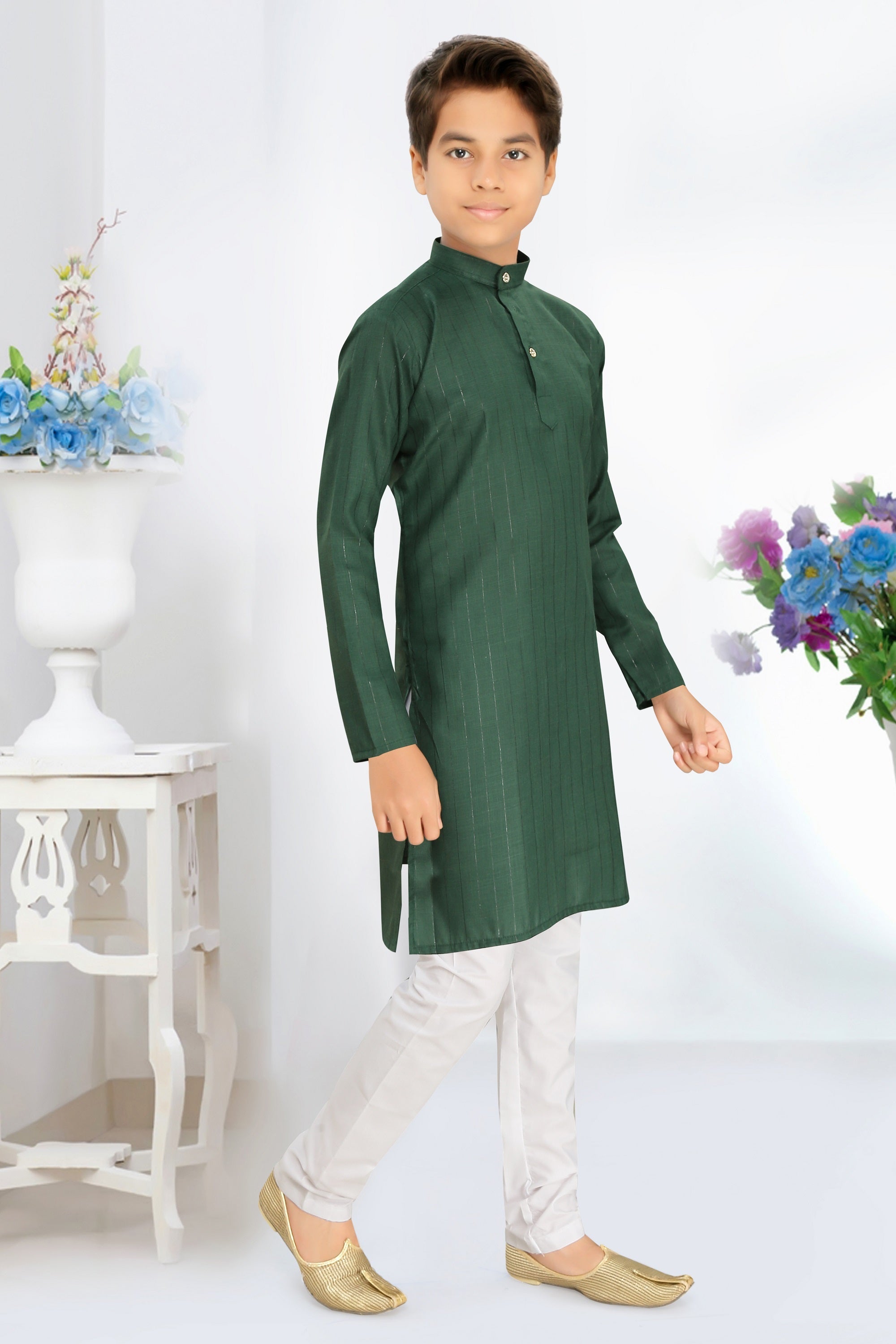 Neera Trendz Green Cotton Blend Lining Work Kid's Kurta With Pyjama | Grocsy