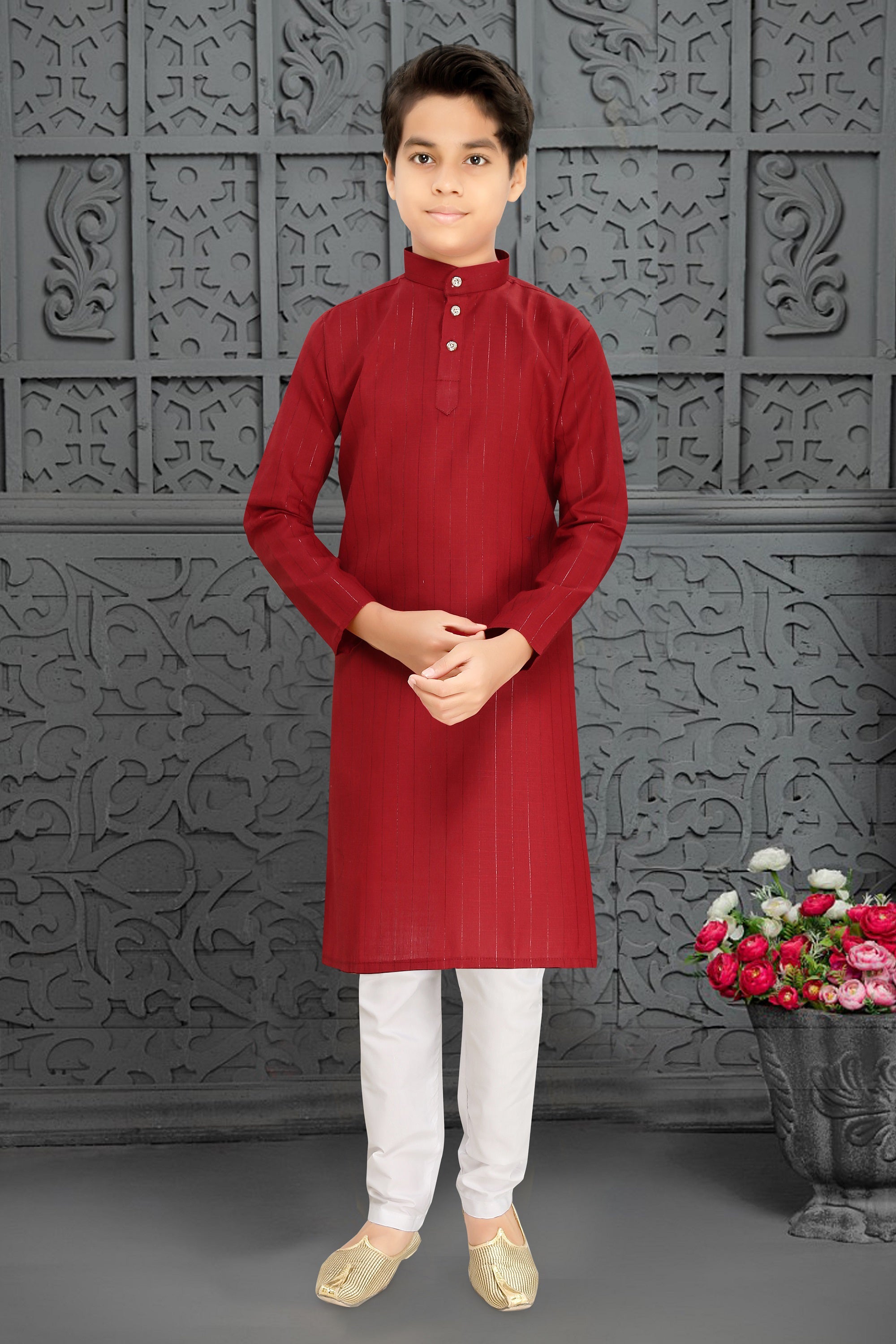 Neera Trendz Red Cotton Blend Lining Work Kid's Kurta With Pyjama | Grocsy