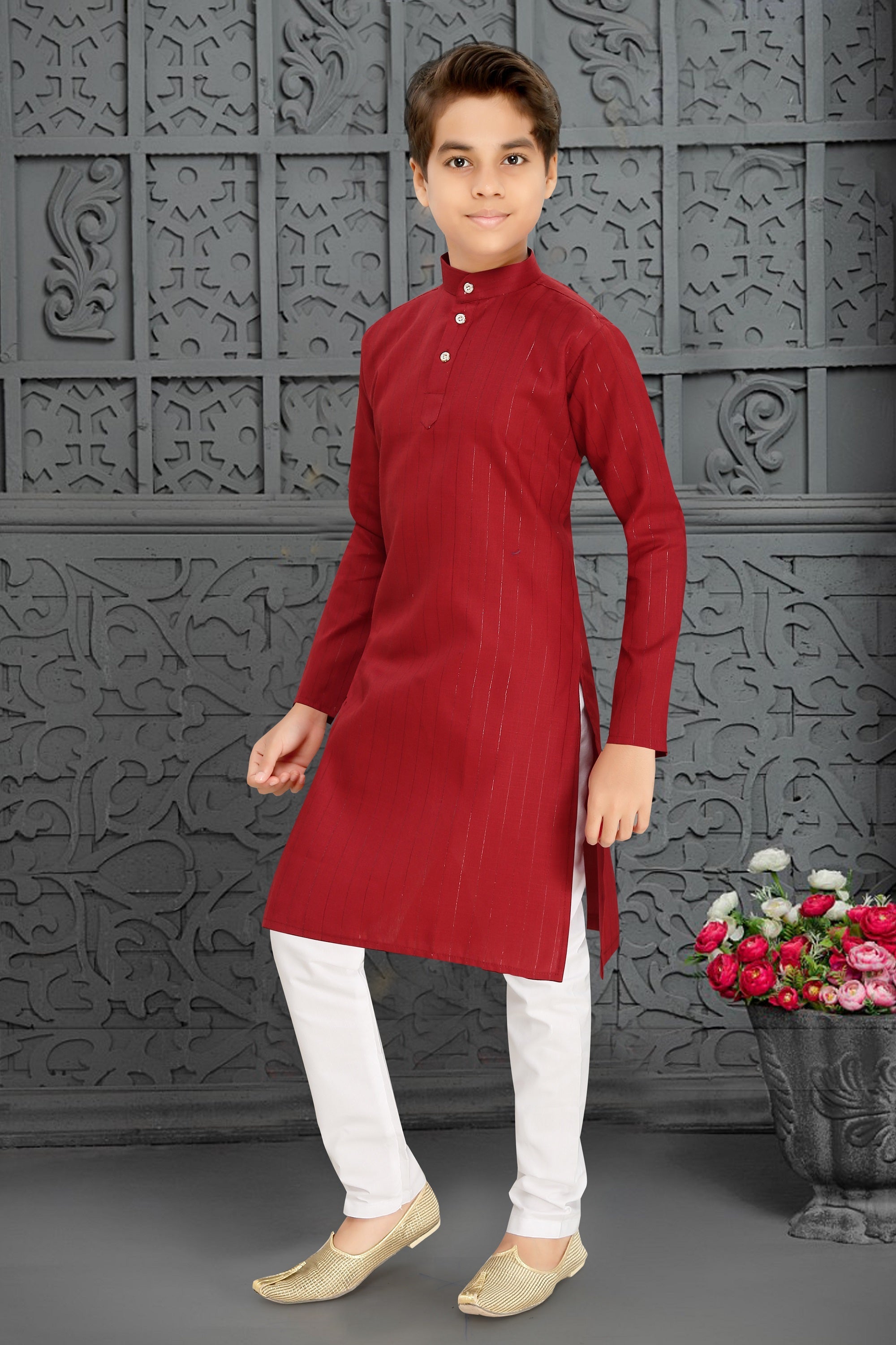 Neera Trendz Red Cotton Blend Lining Work Kid's Kurta With Pyjama | Grocsy