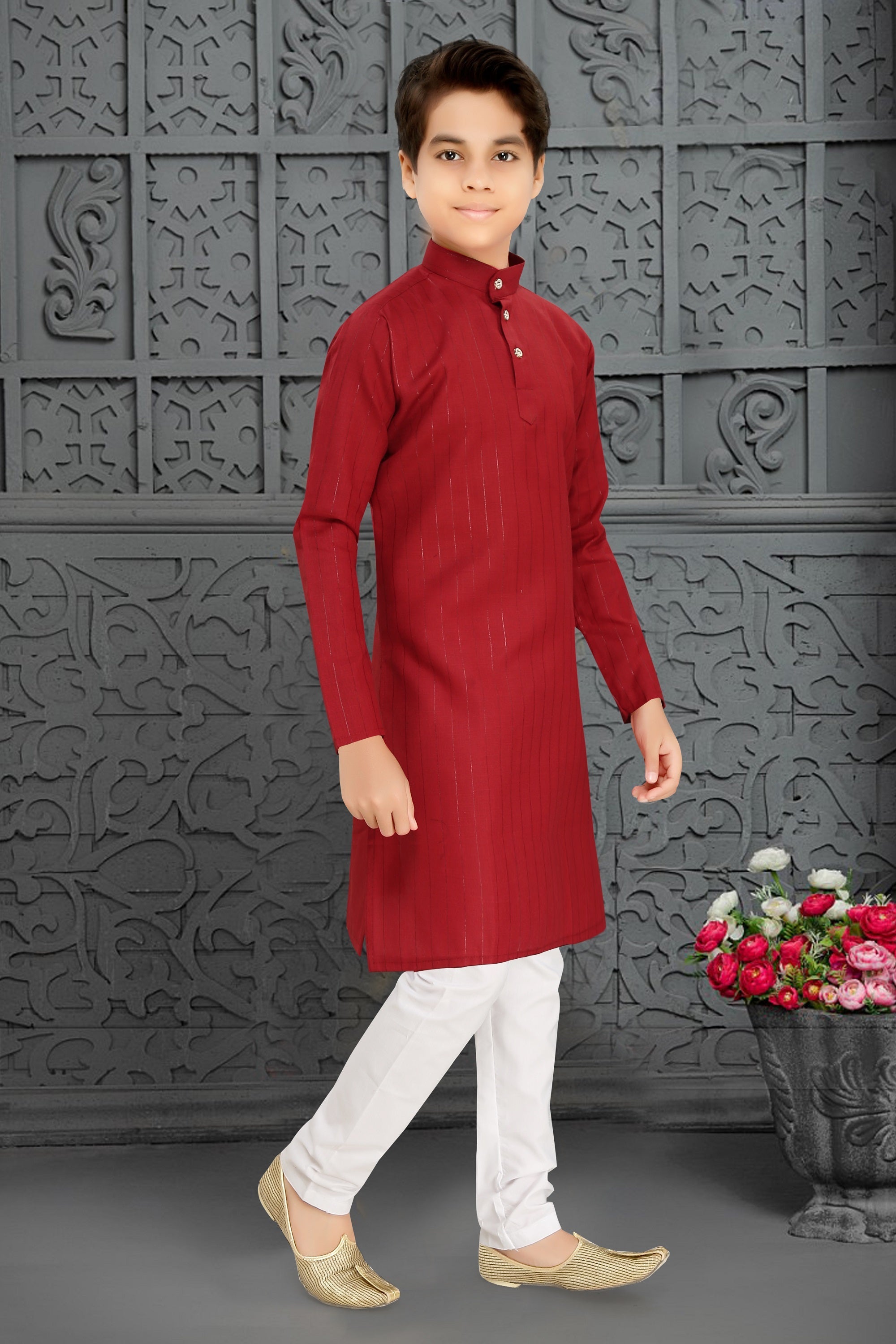 Neera Trendz Red Cotton Blend Lining Work Kid's Kurta With Pyjama | Grocsy