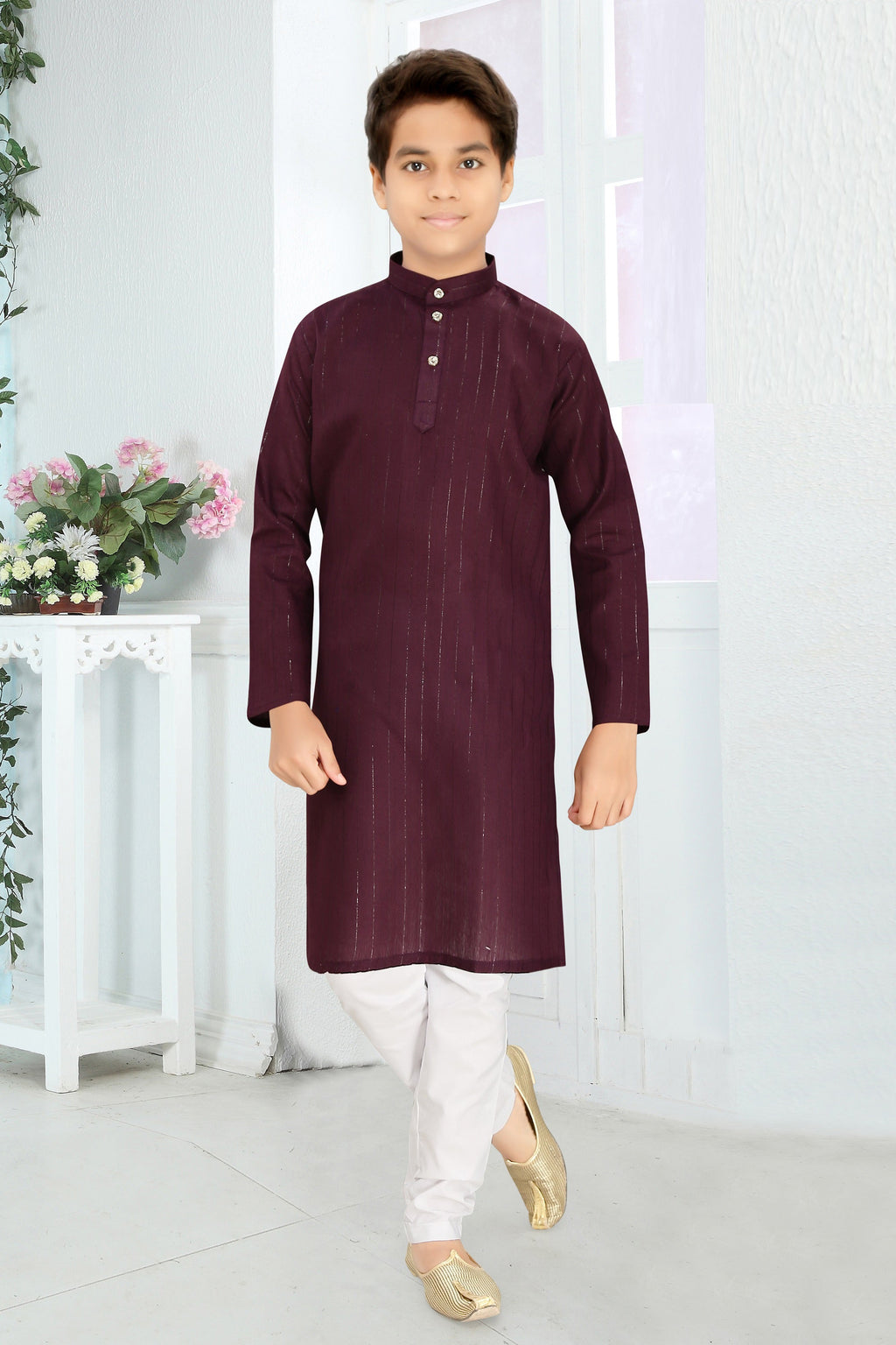 Neera Trendz Wine Cotton Blend Lining Work Kid's Kurta With Pyjama | Grocsy