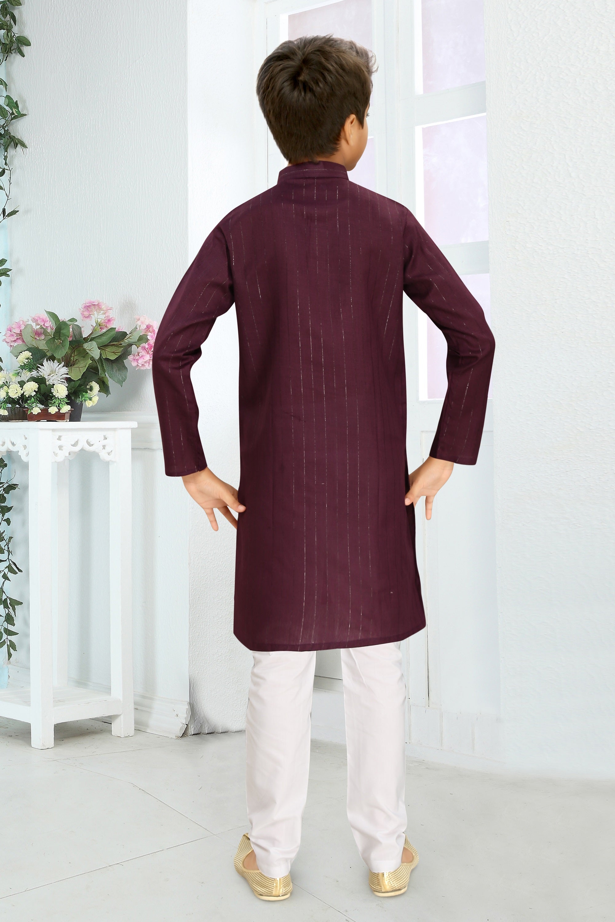 Neera Trendz Wine Cotton Blend Lining Work Kid's Kurta With Pyjama | Grocsy