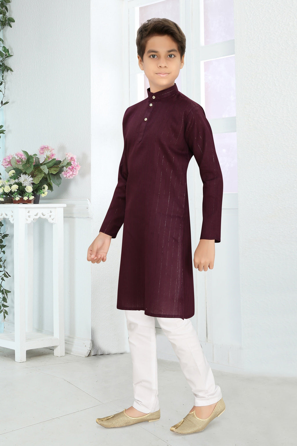 Neera Trendz Wine Cotton Blend Lining Work Kid's Kurta With Pyjama | Grocsy