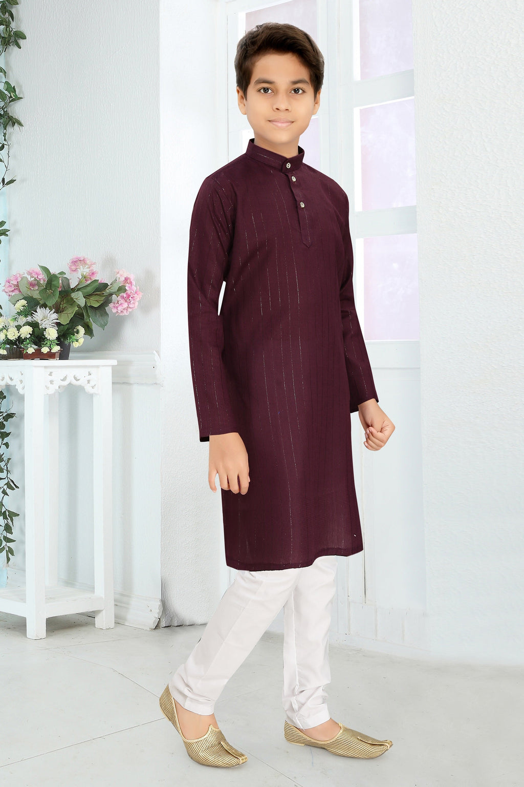 Neera Trendz Wine Cotton Blend Lining Work Kid's Kurta With Pyjama | Grocsy