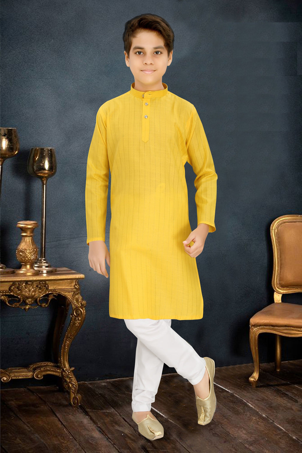 Neera Trendz Yellow Cotton Blend Lining Work Kid's Kurta With Pyjama | Grocsy