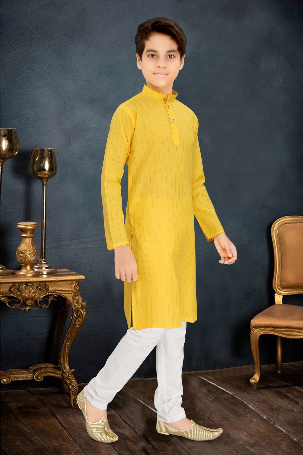 Neera Trendz Yellow Cotton Blend Lining Work Kid's Kurta With Pyjama | Grocsy