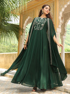 Janasya Dark Green Georgette Embroidered Dress & Jacket | Grocsy