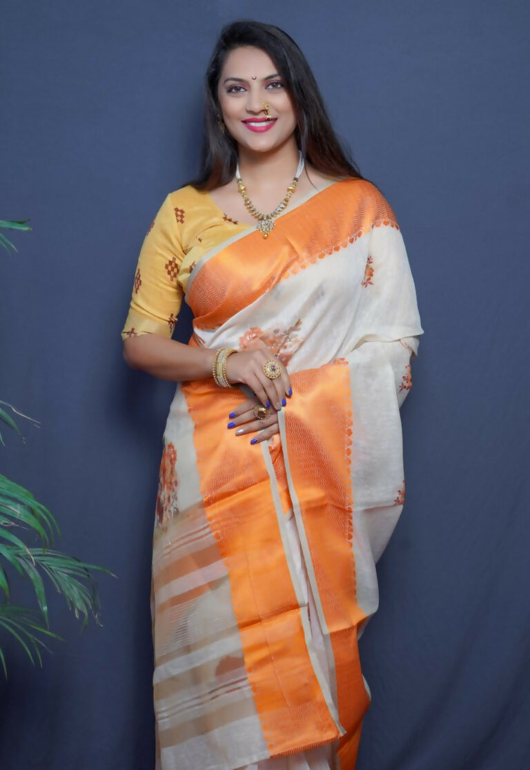 Jyoti Fashion Women's Orange Linen Silk Digital Print with Jacquard Woven Border Saree with Blouse | Grocsy