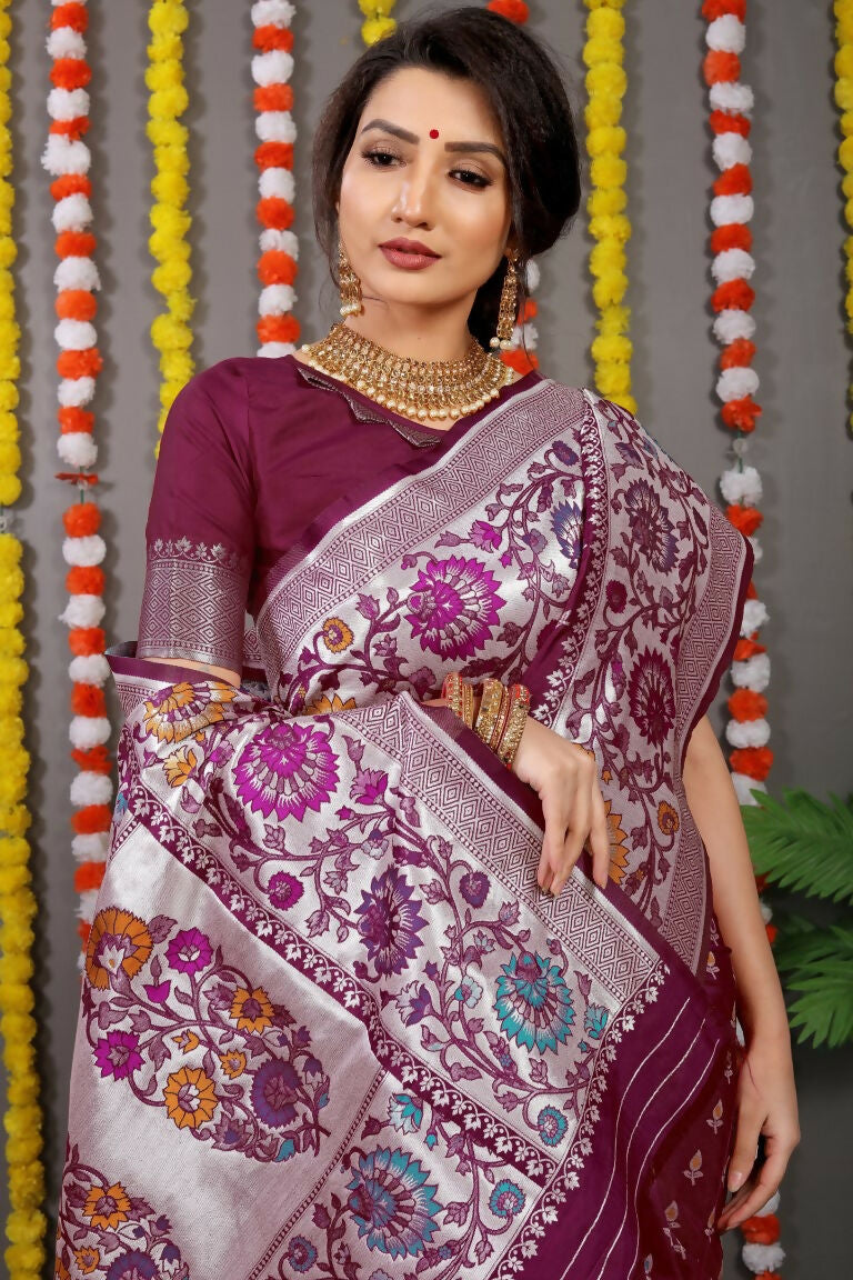 Jyoti Fashion Women's Wine Banarasi Silk Zari Woven Saree with Blouse | Grocsy