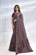 Purple Crepe satin silk Applique work with Cord, Sequence Embroidered & Stone Work Saree - Mohmanthan Majestica | Grocsy