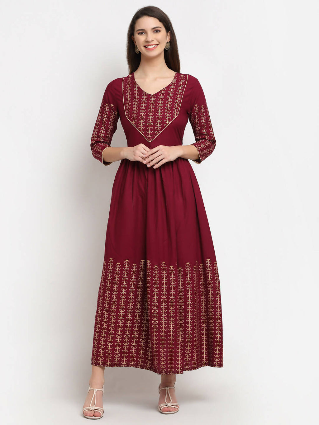 Rudra bazaar Gold Printed A-line flared Maroon Kurti | Grocsy