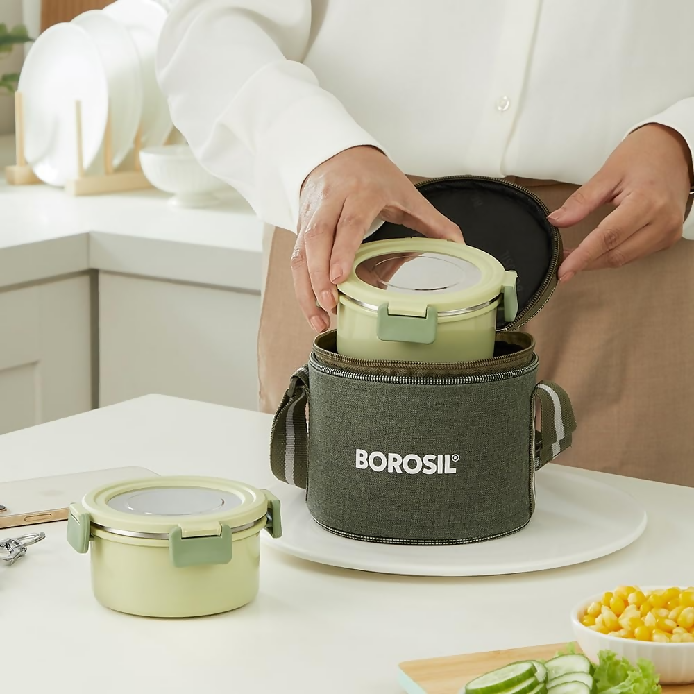 Borosil Glory Green Stainless Steel Lunch Box with Bag | Grocsy
