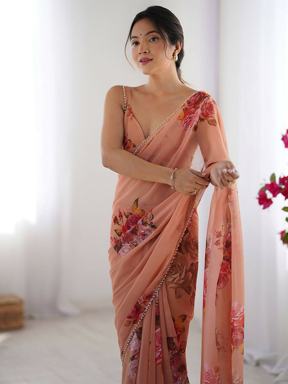 Traditional Partywear Peach Georgette Fancy Saree-Pavitra | Grocsy