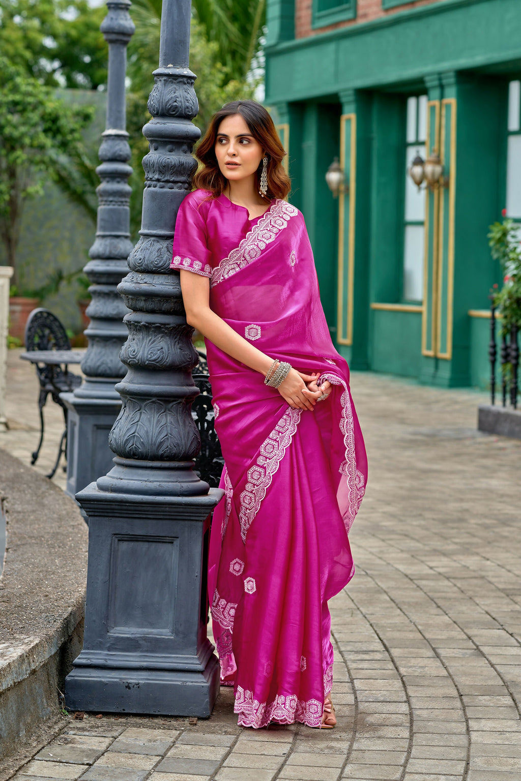 Vastranavya Pink Embroidery Work Shimmer Chiffon Saree with Unstitched Blouse | Grocsy