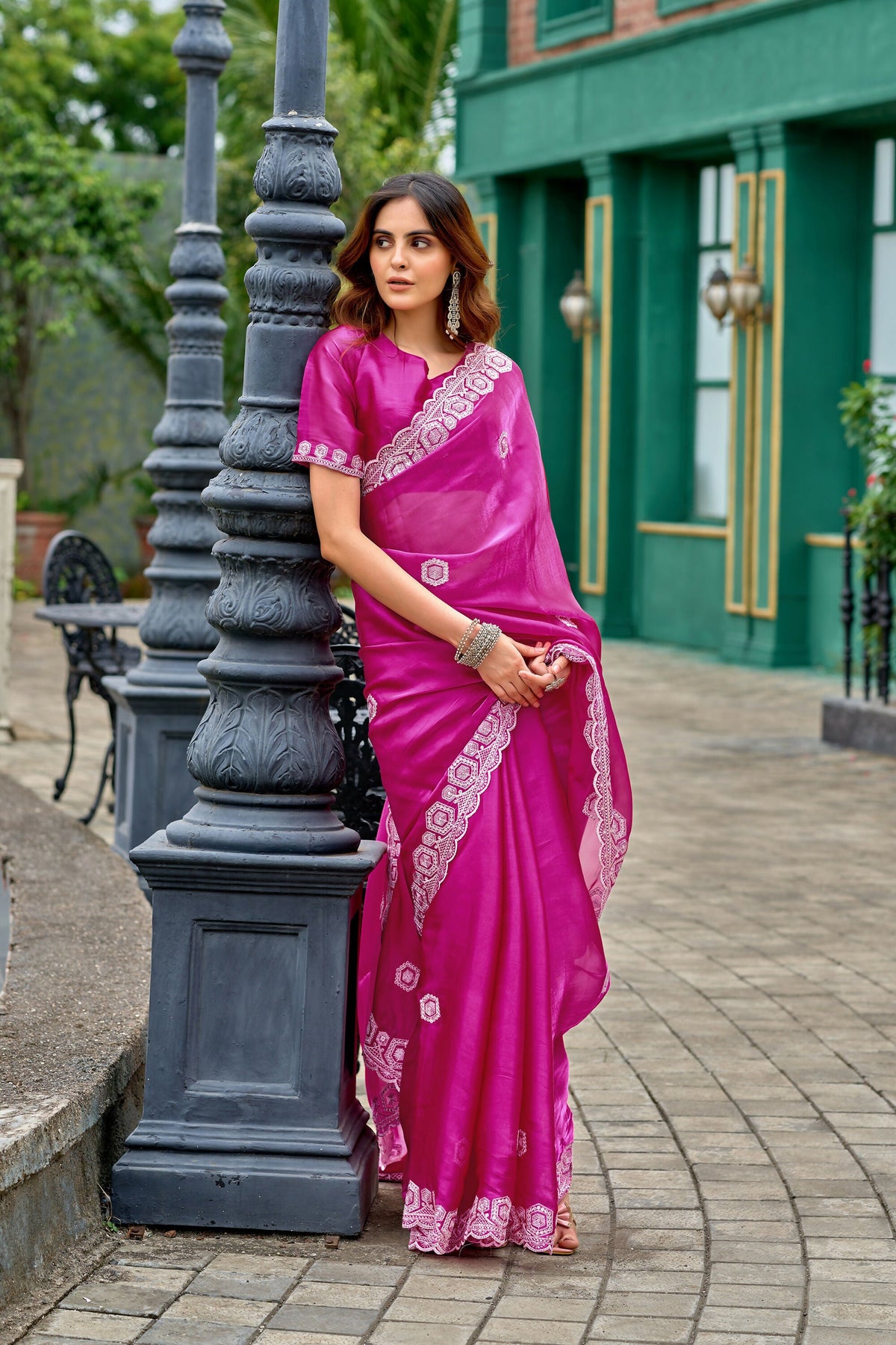 Vastranavya Pink Embroidery Work Shimmer Chiffon Saree with Unstitched Blouse | Grocsy