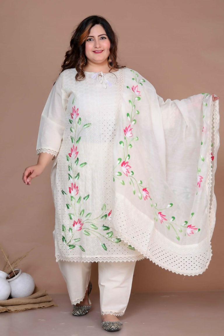 Miravan Women's Plus Size Cream Ethnic Motifs Hand Block Cotton Pakistani Kurta Palazzo With Dupatta | Grocsy