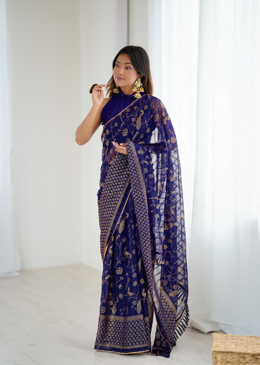 Lorenvalley Fashion Navy Blue Solo Georgette Superb Finishing Foils Print & Fancy Zalar Lace in Border Saree with Blouse | Grocsy