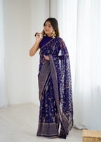 Lorenvalley Fashion Navy Blue Solo Georgette Superb Finishing Foils Print & Fancy Zalar Lace in Border Saree with Blouse | Grocsy