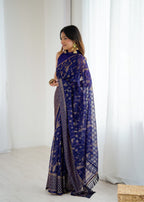 Lorenvalley Fashion Navy Blue Solo Georgette Superb Finishing Foils Print & Fancy Zalar Lace in Border Saree with Blouse | Grocsy