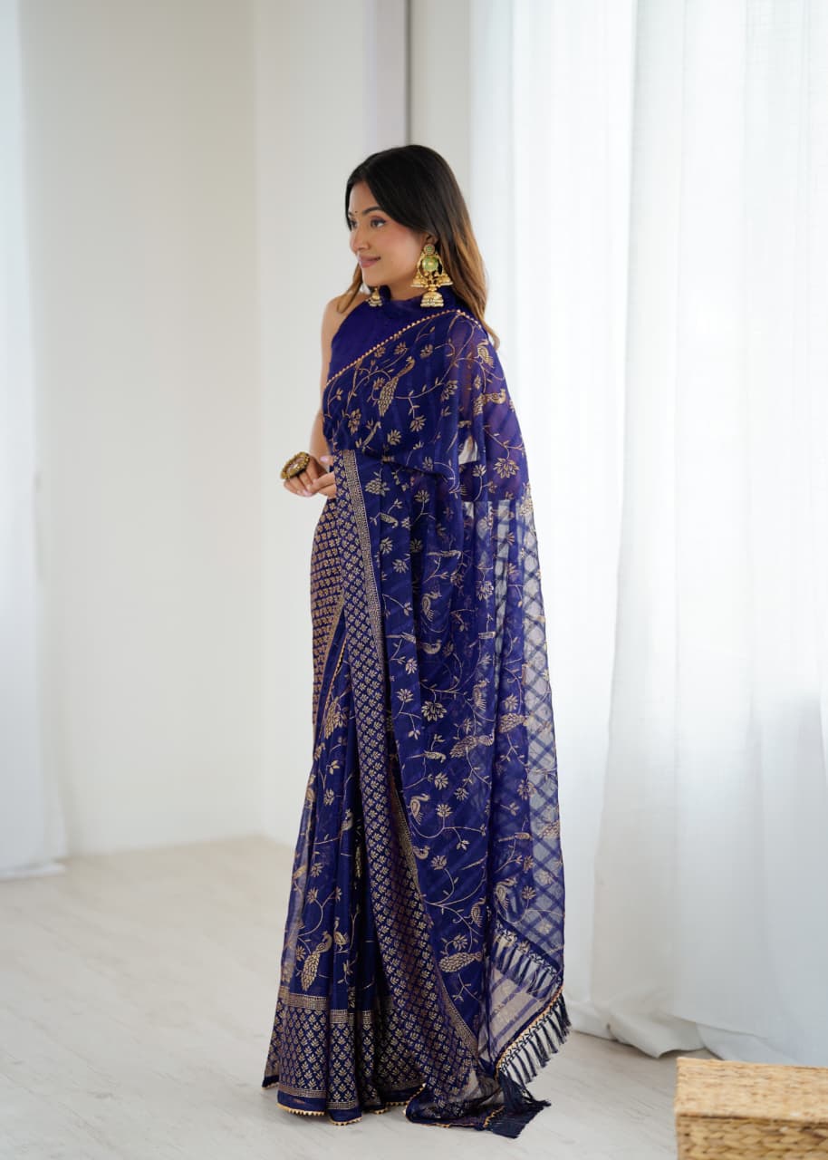 Lorenvalley Fashion Navy Blue Solo Georgette Superb Finishing Foils Print & Fancy Zalar Lace in Border Saree with Blouse | Grocsy