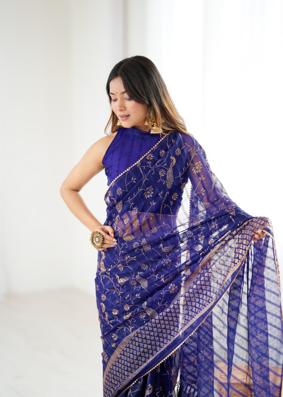 Lorenvalley Fashion Navy Blue Solo Georgette Superb Finishing Foils Print & Fancy Zalar Lace in Border Saree with Blouse | Grocsy