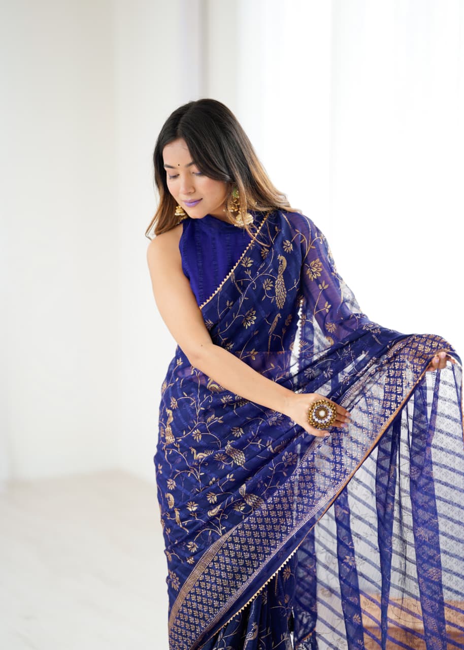 Lorenvalley Fashion Navy Blue Solo Georgette Superb Finishing Foils Print & Fancy Zalar Lace in Border Saree with Blouse | Grocsy