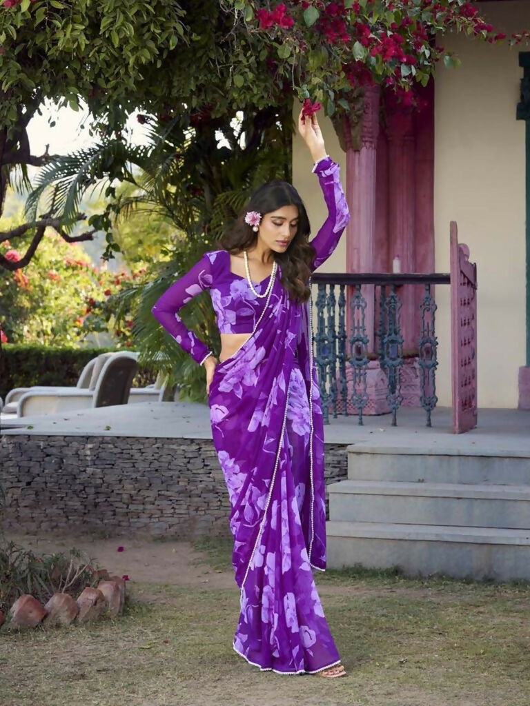 Vastranavya Purple Chiffon Floral Printed & Pearl Lace Border Saree with Unstitched Blouse | Grocsy