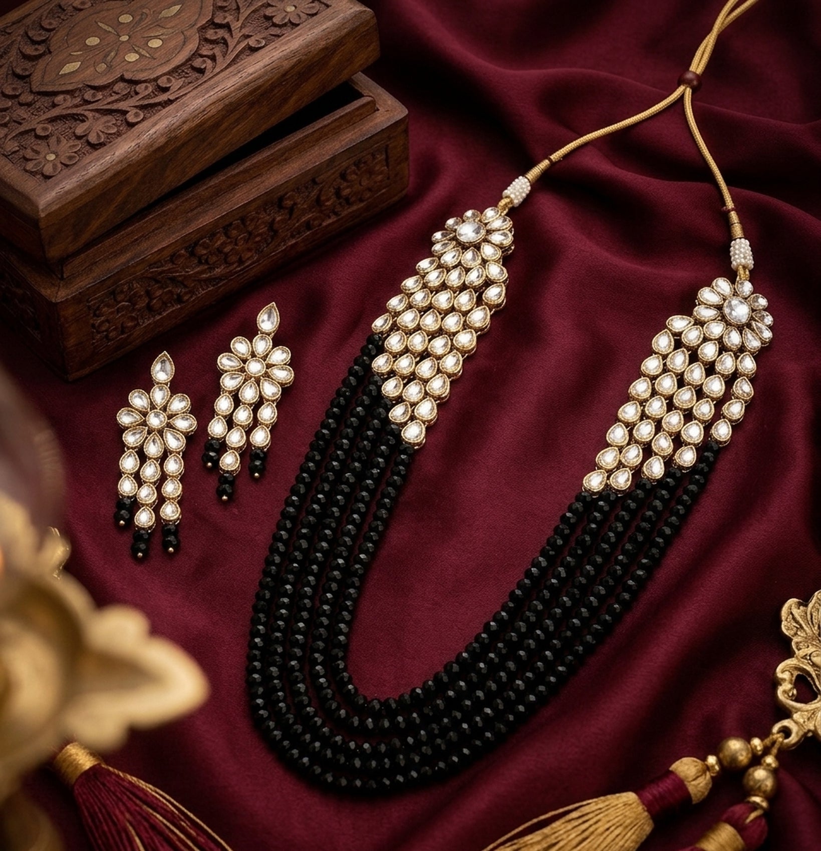 Jewel City Luxury Kundan Black Crystal Statement Necklace Set | Traditional Indian Wedding Jewelry | Grocsy