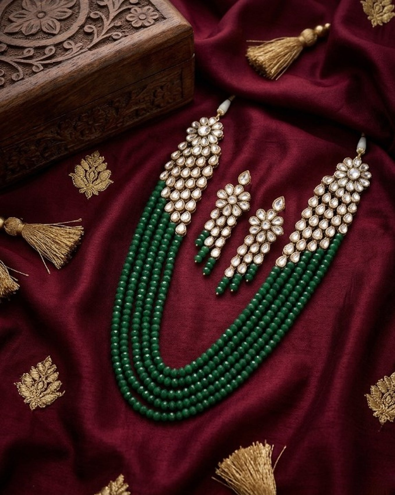 Jewel City Luxury Kundan Green Crystal Statement Necklace Set | Traditional Indian Wedding Jewelry | Grocsy