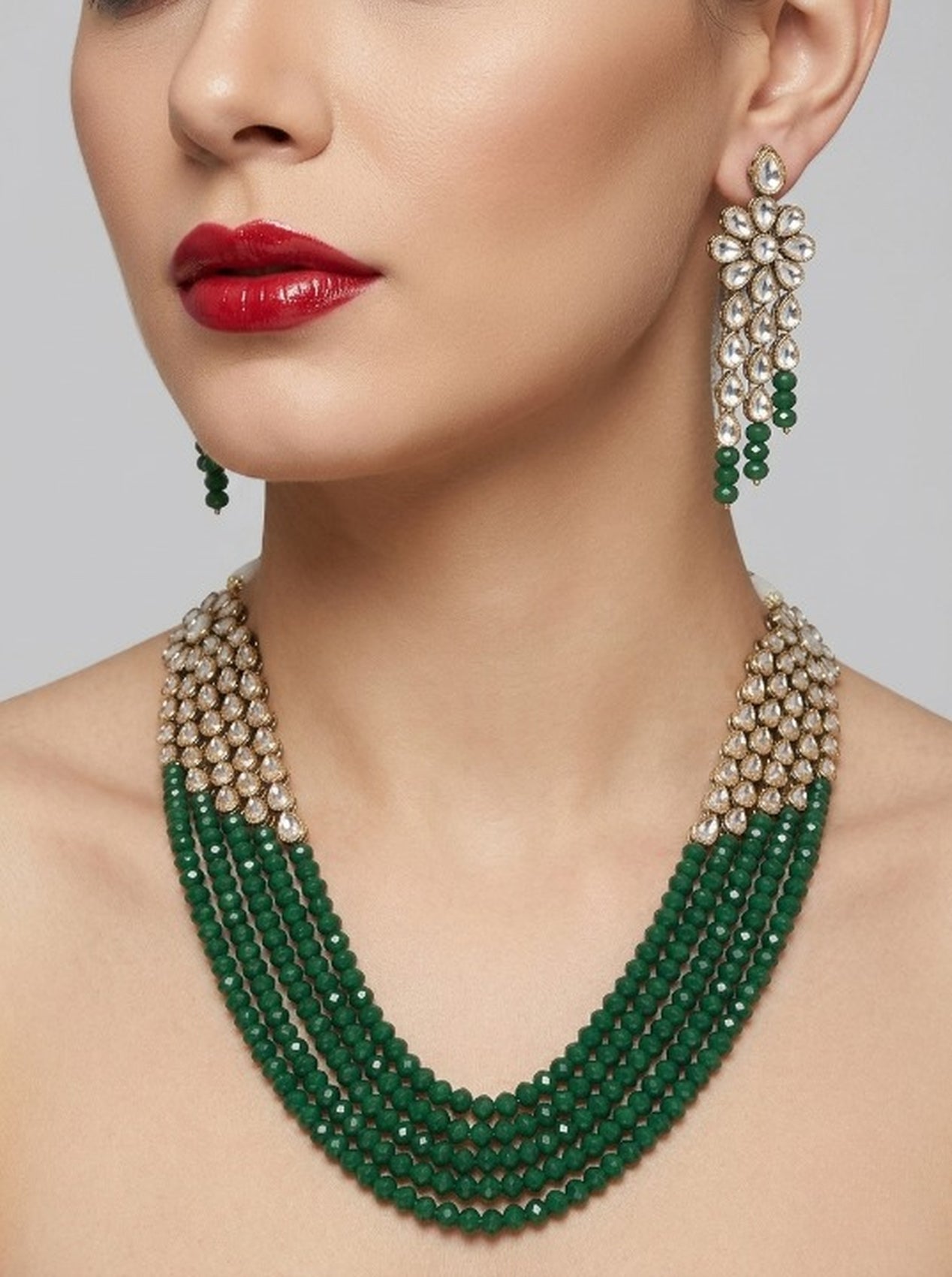Jewel City Luxury Kundan Green Crystal Statement Necklace Set | Traditional Indian Wedding Jewelry | Grocsy