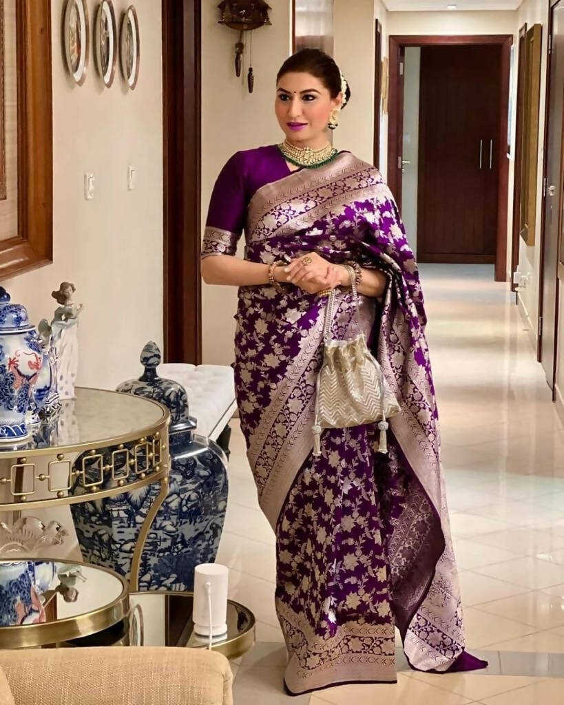 DEIANA'S Beautiful Designer Golden zari Soft Lichi Silk Saree - Wine | Grocsy