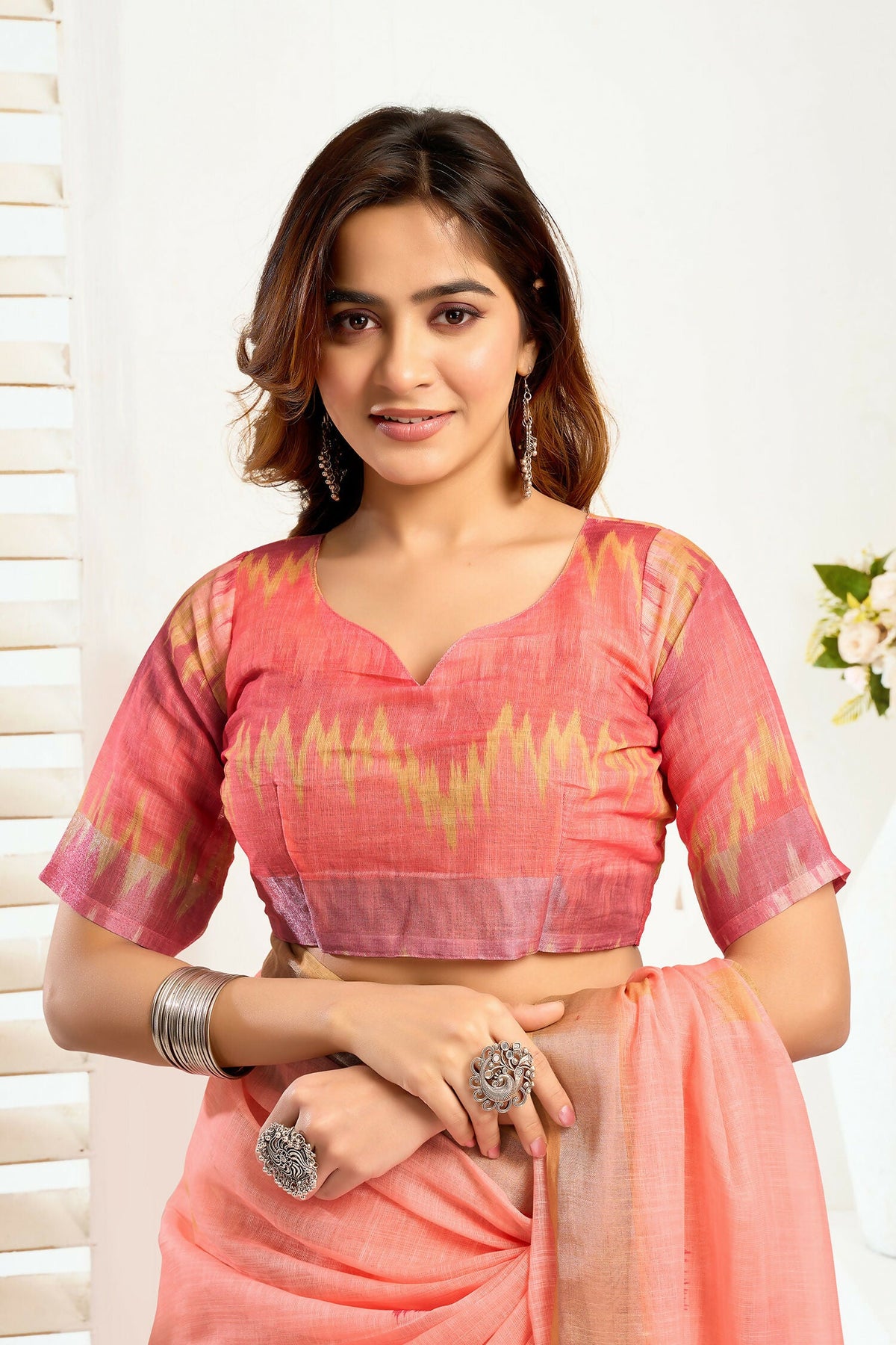 Joban Fashion Peach Ikkat Linen Ready To Wear Saree With Unstitched Blouse | Grocsy