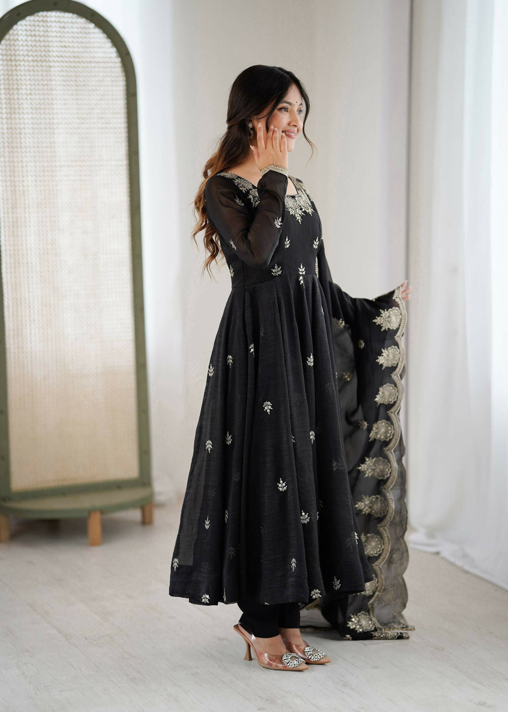 Teeya Creation Black Color Crunchy Silk Embroidery Work Wedding Wear Gown | Grocsy