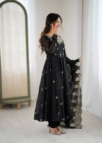Teeya Creation Black Color Crunchy Silk Embroidery Work Wedding Wear Gown | Grocsy