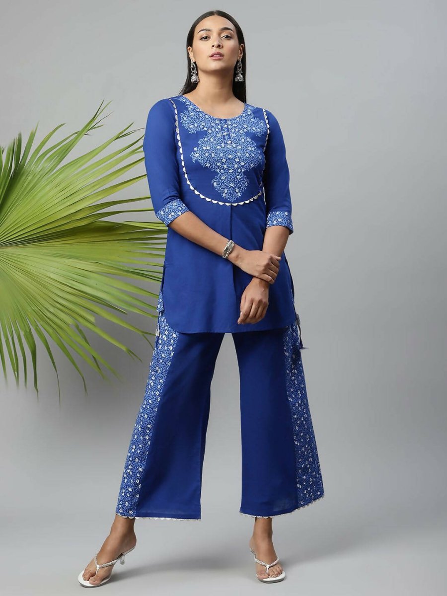Ahalyaa Womens Royal Blue Pure Cotton Printed Tunic Palazzo Set | Grocsy